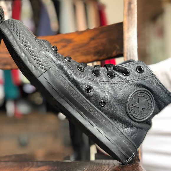 SOLD Black Leather Converse High Tops - Picture 2 of 6